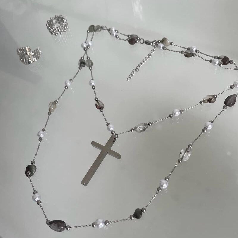 Get trendy with Gothic Doll Cross Glass Pearl Double Necklace -  available at Peiliee Shop. Grab yours for $19.80 today!