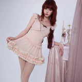 [Rose Island] Soft Rosy Kiss Crop Top and Ruffle Tulle Skirt Set
