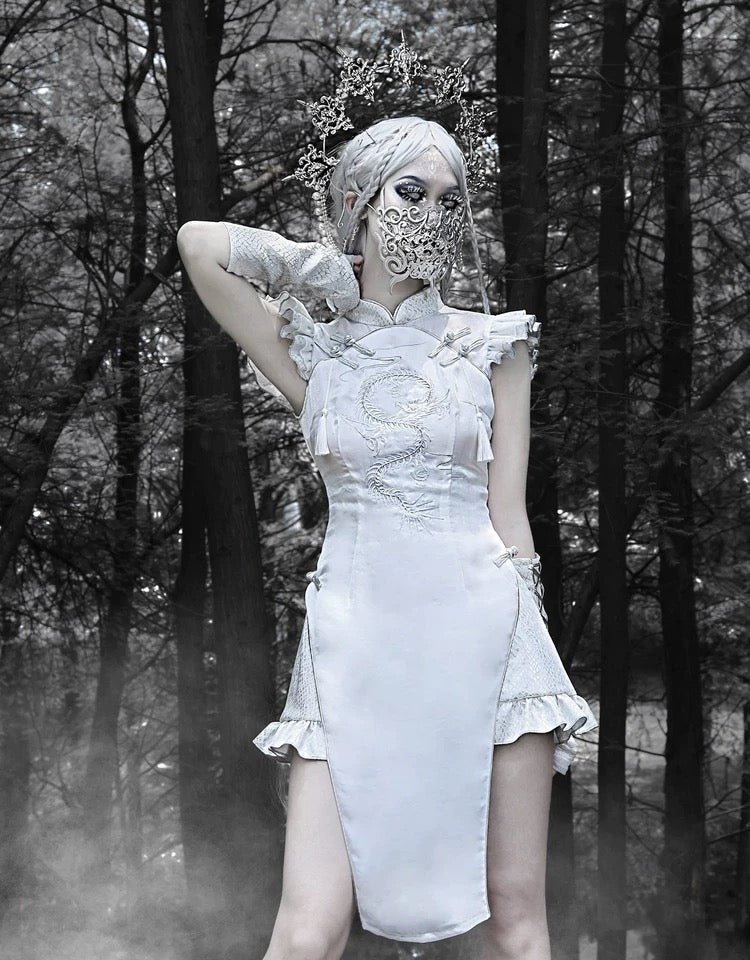 Get trendy with [Blood Supply] Silver Dragon With White Walker Qipao Style Mini Dress - Romper available at Peiliee Shop. Grab yours for $58 today!