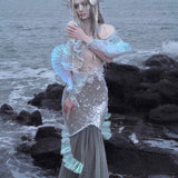 [Blood Supply] Silver Song Of Siren Mermaid Illusion Halter Maxi Dress