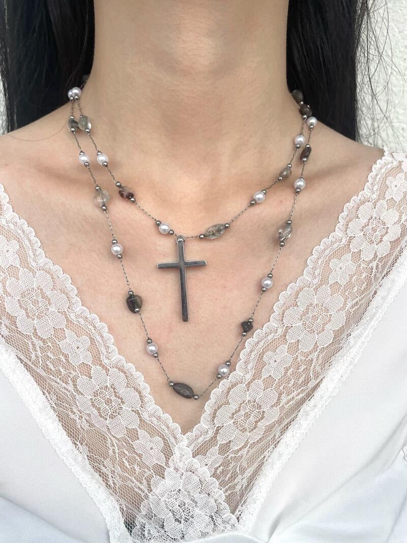 Get trendy with Gothic Doll Cross Glass Pearl Double Necklace -  available at Peiliee Shop. Grab yours for $19.80 today!