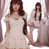 pastel pink satin mini dress with puff sleeves in coquette core style