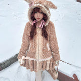 [Rose Island] Deer In Flower Field Faux Fur Coat