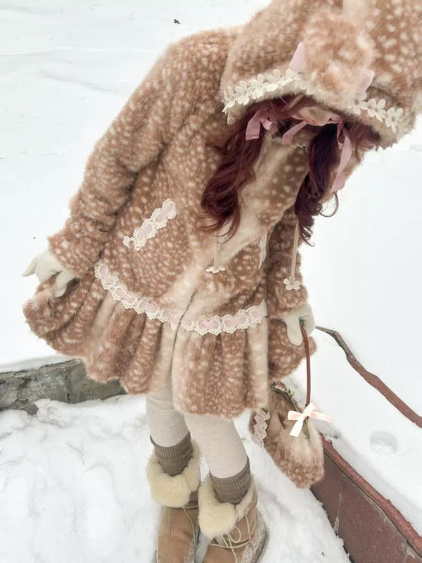 Rose Island Deer in Flower Field Faux Fur Coat