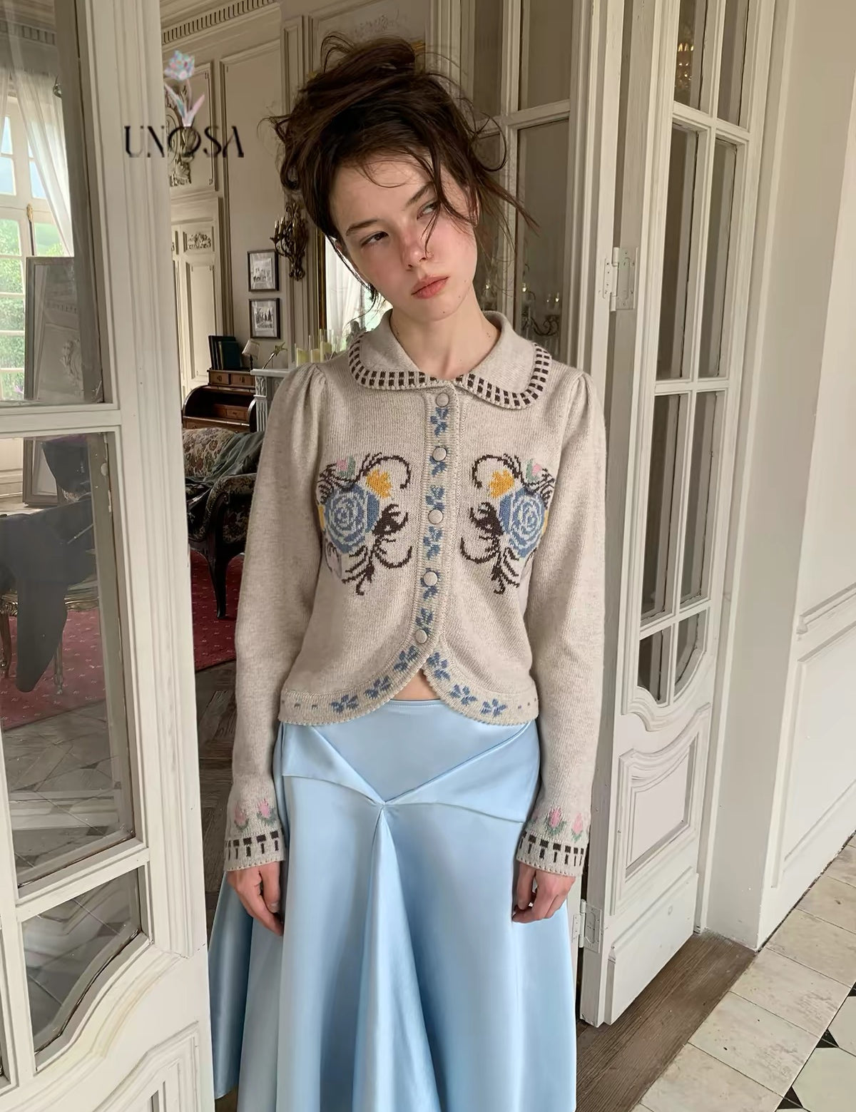 UNOSA Oatmeal Rose 30% Wool Jacquard Puff-Sleeve Cardigan