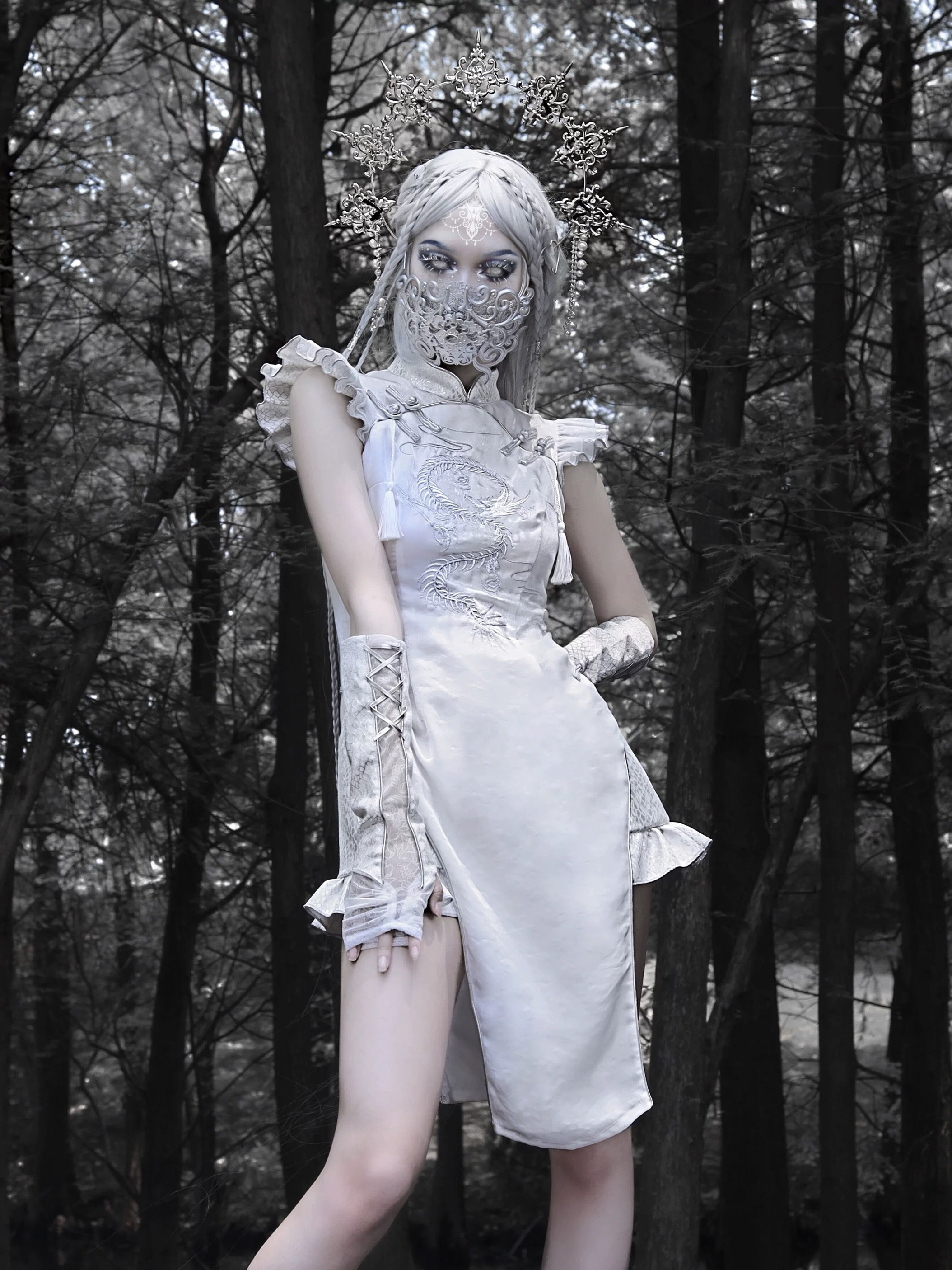 Get trendy with [Blood Supply] Silver Dragon With White Walker Qipao Style Mini Dress - Romper available at Peiliee Shop. Grab yours for $58 today!