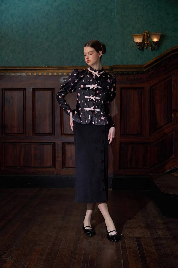 [UNOSA]Noir Velour Vintage Elegance Long Skirt - Premium  from UNOSA - Just $55! Shop now at Peiliee Shop