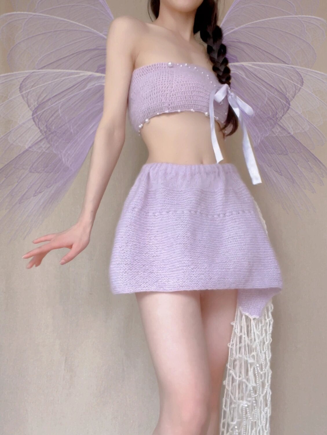 Get trendy with [Tailor Made] Lavender Dream Fairy Style Knitting Set with glass Pearl on bralette and skirt -  available at Peiliee Shop. Grab yours for $118 today!