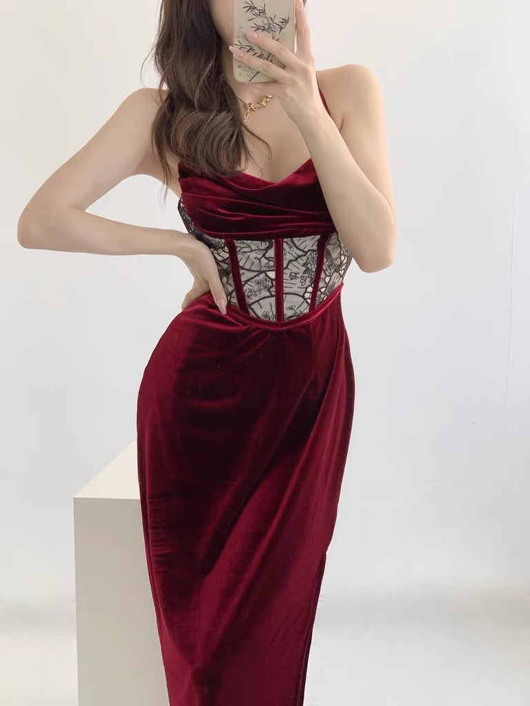 [Aguo Studio] Red Velvet Corset Gown - Premium Dress from Aguo Studio - Just $41! Shop now at Peiliee Shop