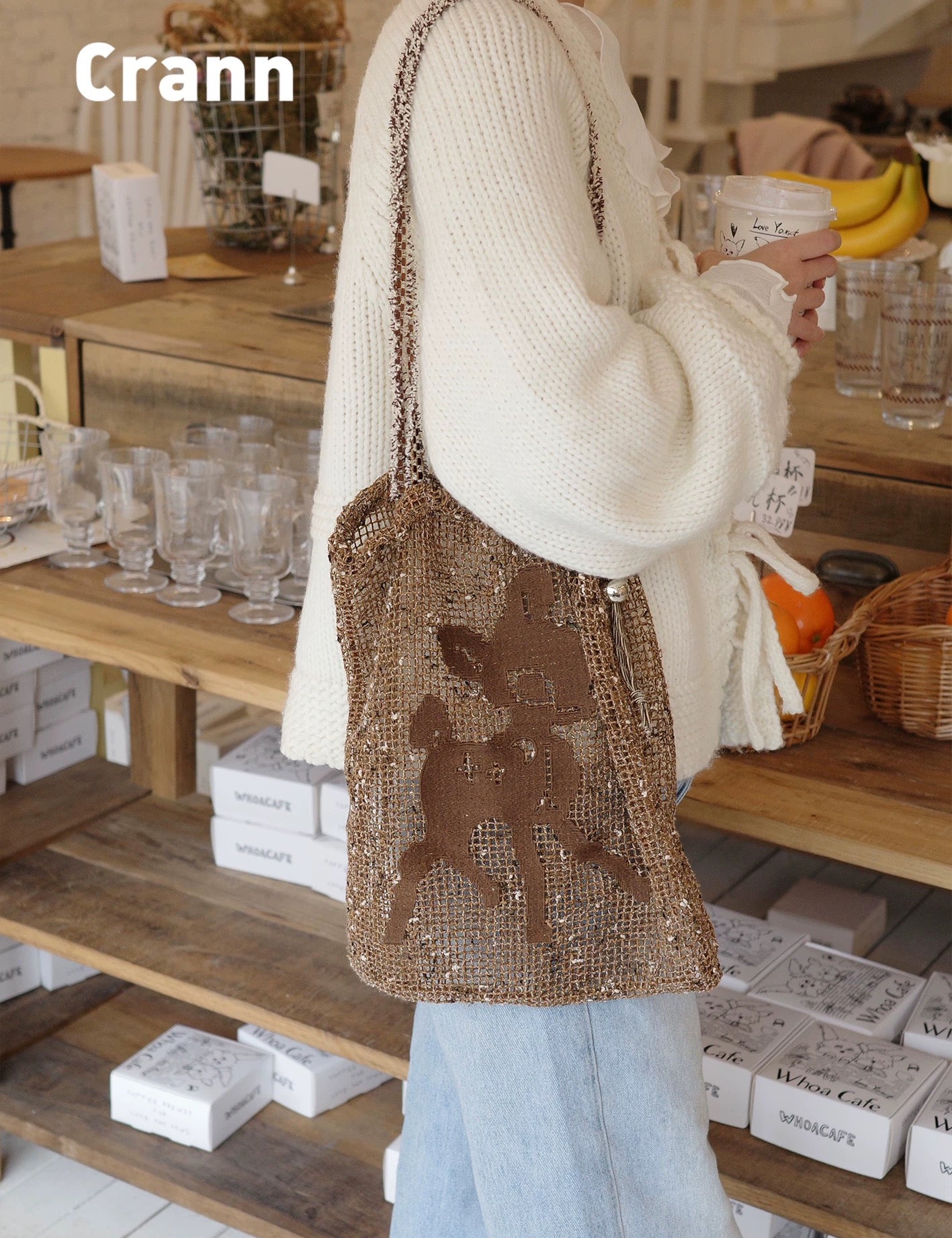 Crann Deer Spirit Embroidered Drawstring Shoulder Bag