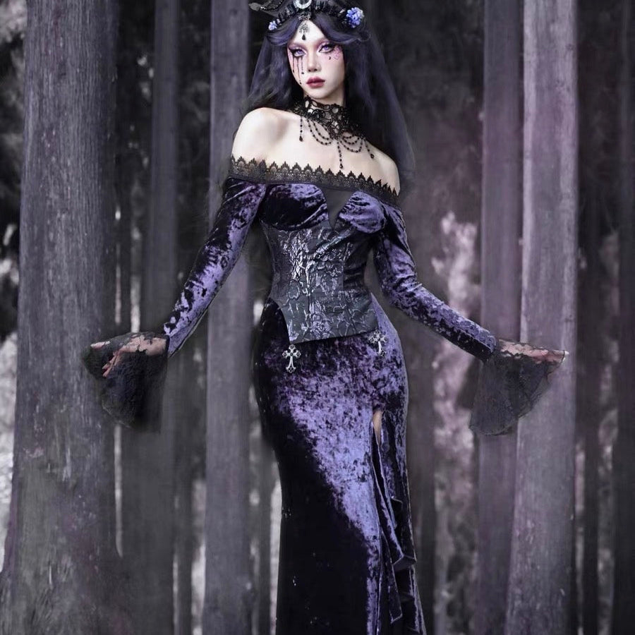 Get trendy with [Blood Supply]Moon Goddess Off-Shoulder Velvet Halloween Long Dress - Clothing available at Peiliee Shop. Grab yours for $56 today!