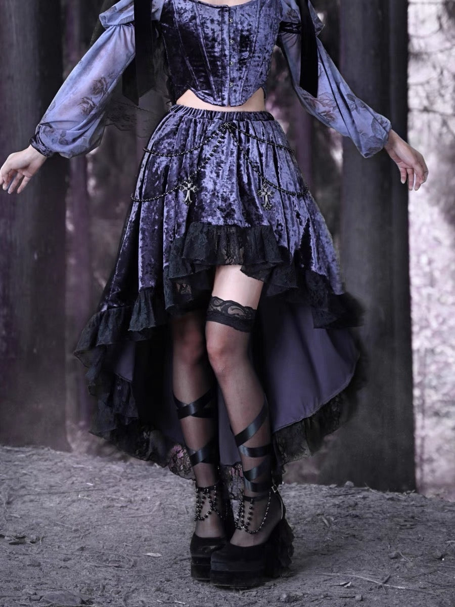 Get trendy with [Blood Supply] Moon Goddess Velvet Trailing Lace Skirt - Clothing available at Peiliee Shop. Grab yours for $41 today!