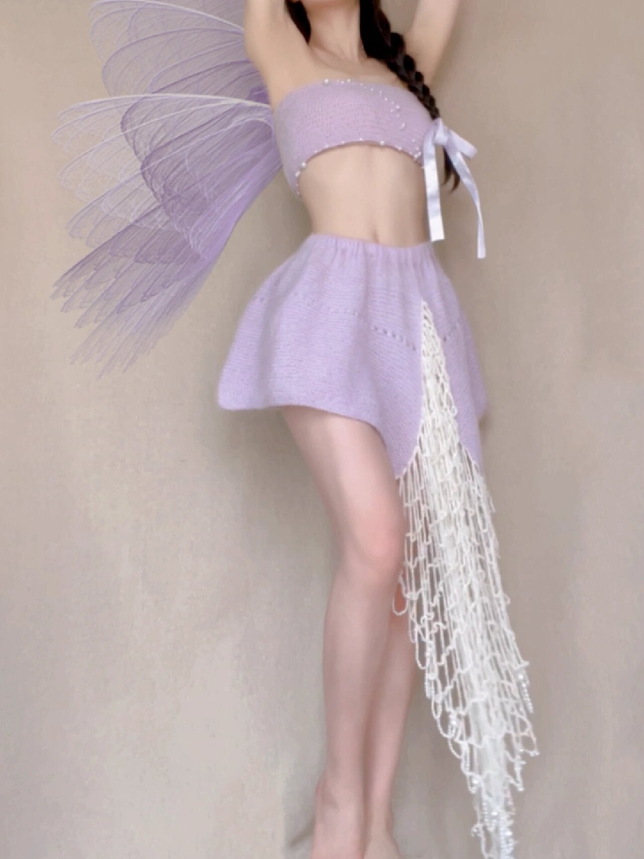 Get trendy with [Tailor Made] Lavender Dream Fairy Style Knitting Set with glass Pearl on bralette and skirt -  available at Peiliee Shop. Grab yours for $118 today!