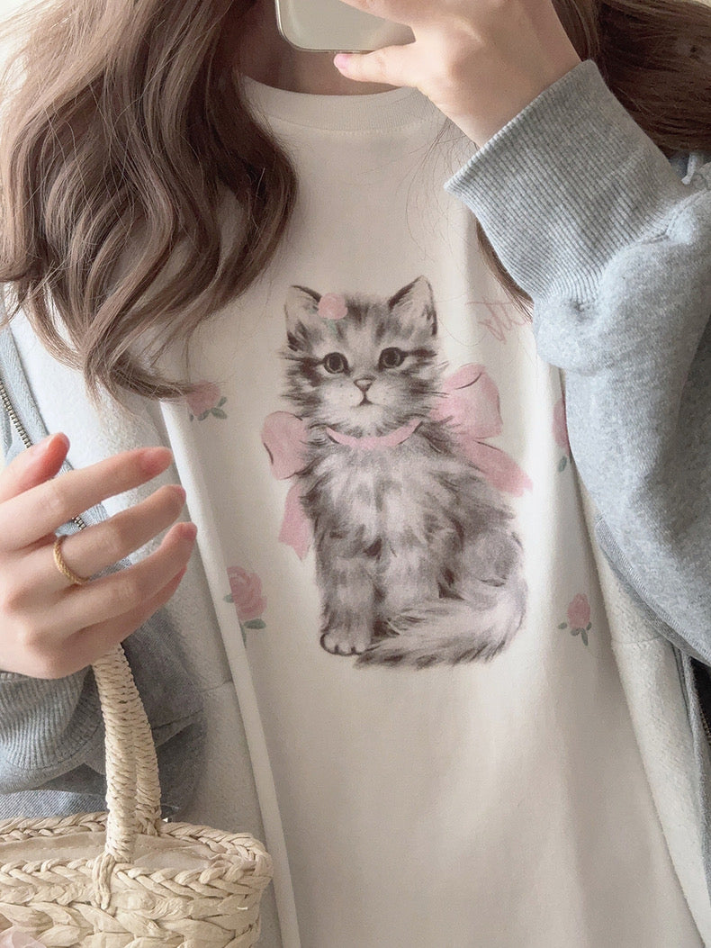 Get trendy with Rose Kitty Cotton T-shirt Top - Sweater available at Peiliee Shop. Grab yours for $16 today!