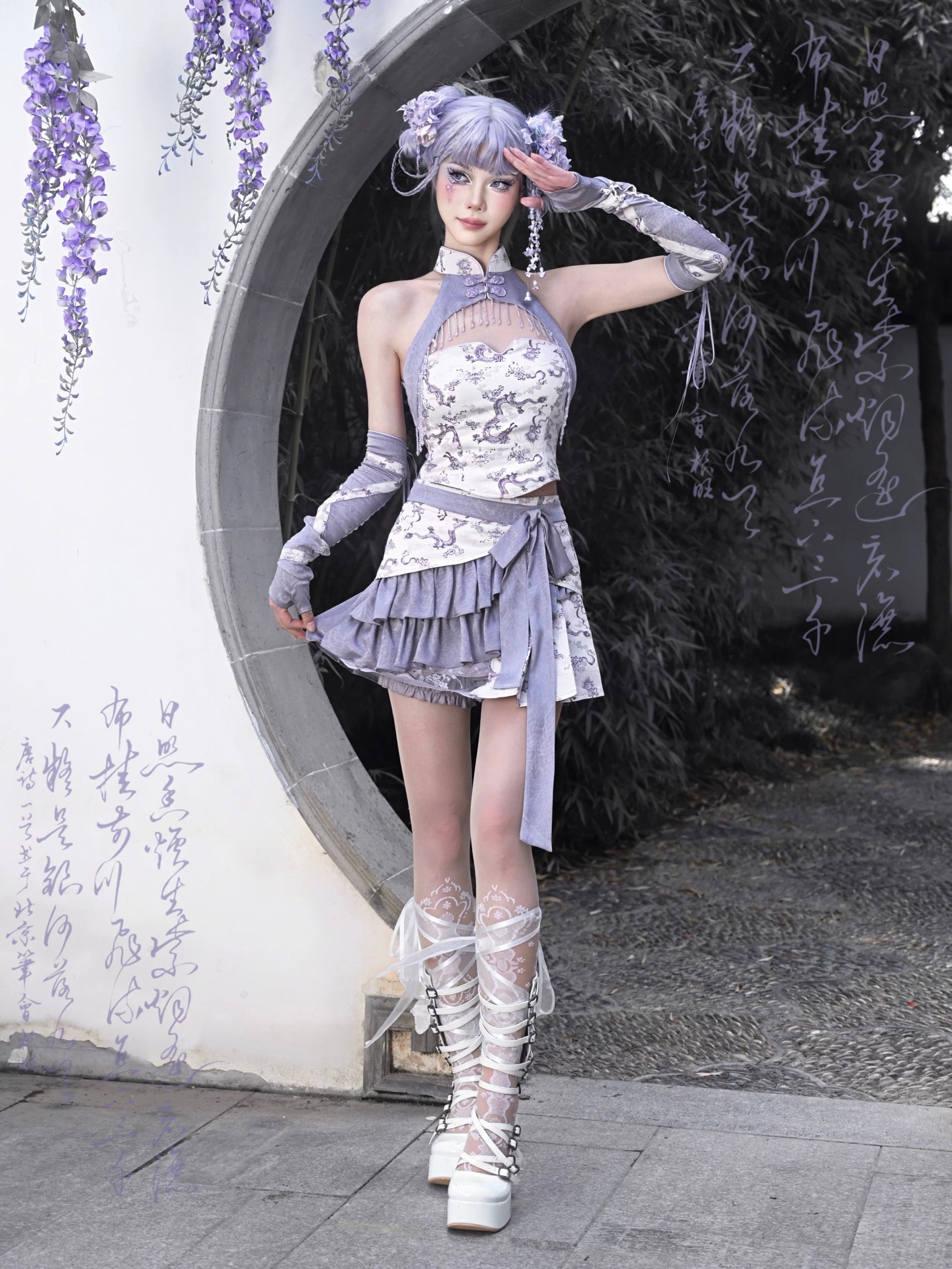 Get trendy with [Blood Supply] Dragon In Wisteria Chinese Lolita Fashion Set Shorts - Skirt available at Peiliee Shop. Grab yours for $45 today!