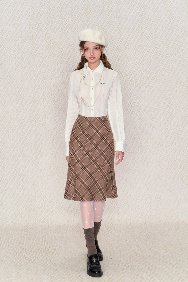 Get trendy with [Underpass]Cuddly Brown Bear Plaid Midi Skirt -  available at Peiliee Shop. Grab yours for $46 today!