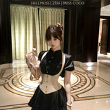 SheepKiss Miss Coco Black Satin Shirt and Skirt Set