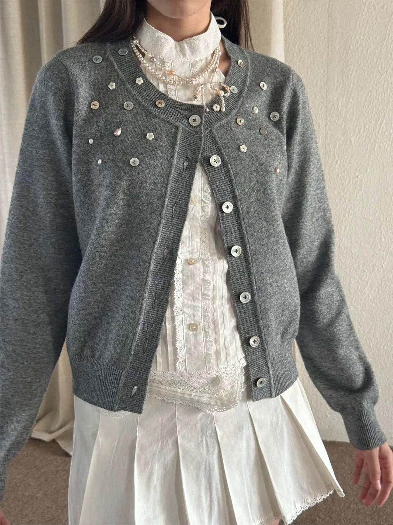 Get trendy with [Pacific Position] My Heart Is Full Of Dreams Grey Pearls and Cashmere Blend Cardigan Christmas - Cardigan available at Peiliee Shop. Grab yours for $58 today!