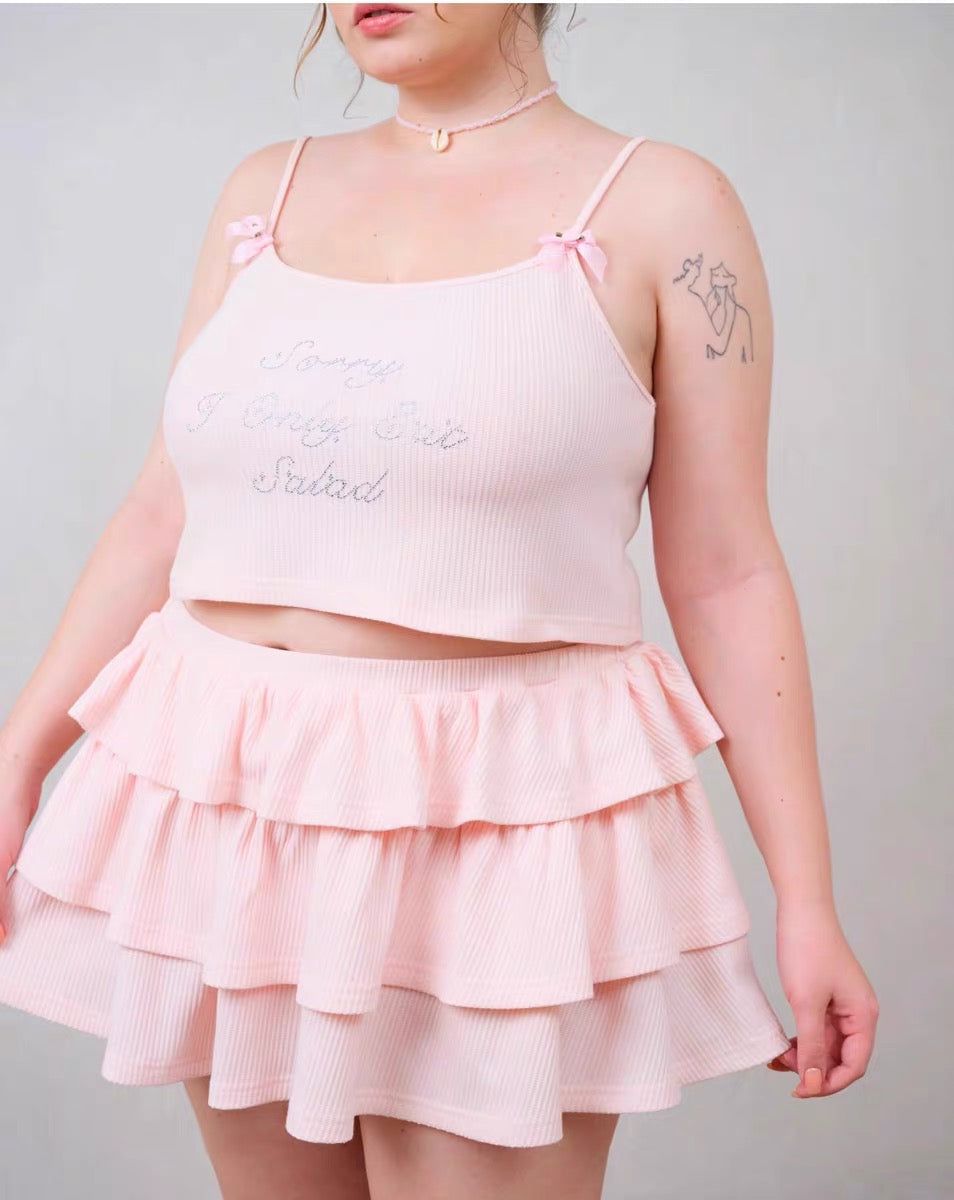 Get trendy with [Curve Beauty] Sorry I only eat salad soft pink sweet girl crop top and mini skirt set -  available at Peiliee Shop. Grab yours for $32 today!