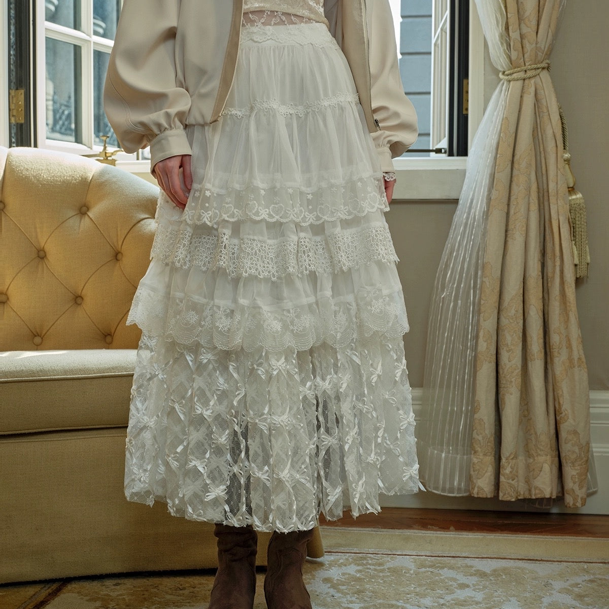 Get trendy with [Spoii Unosa]  Cloud Lace Layered Cake Skirt -  available at Peiliee Shop. Grab yours for $75 today!