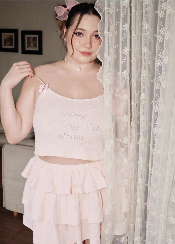 Get trendy with [Curve Beauty] Sorry I only eat salad soft pink sweet girl crop top and mini skirt set -  available at Peiliee Shop. Grab yours for $32 today!