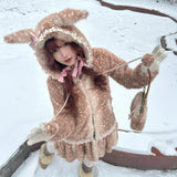 [Rose Island] Deer In Flower Field Faux Fur Coat