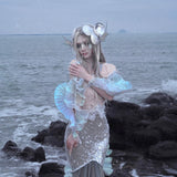 [Blood Supply] Silver Song Of Siren Mermaid Illusion Halter Maxi Dress