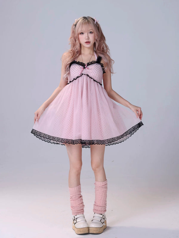 Evil Tooth Rosy Veil Polka Dot Lace Mini Dress