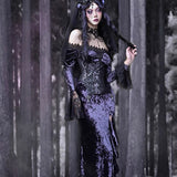 Get trendy with [Blood Supply]Moon Goddess Off-Shoulder Velvet Halloween Long Dress - Clothing available at Peiliee Shop. Grab yours for $56 today!