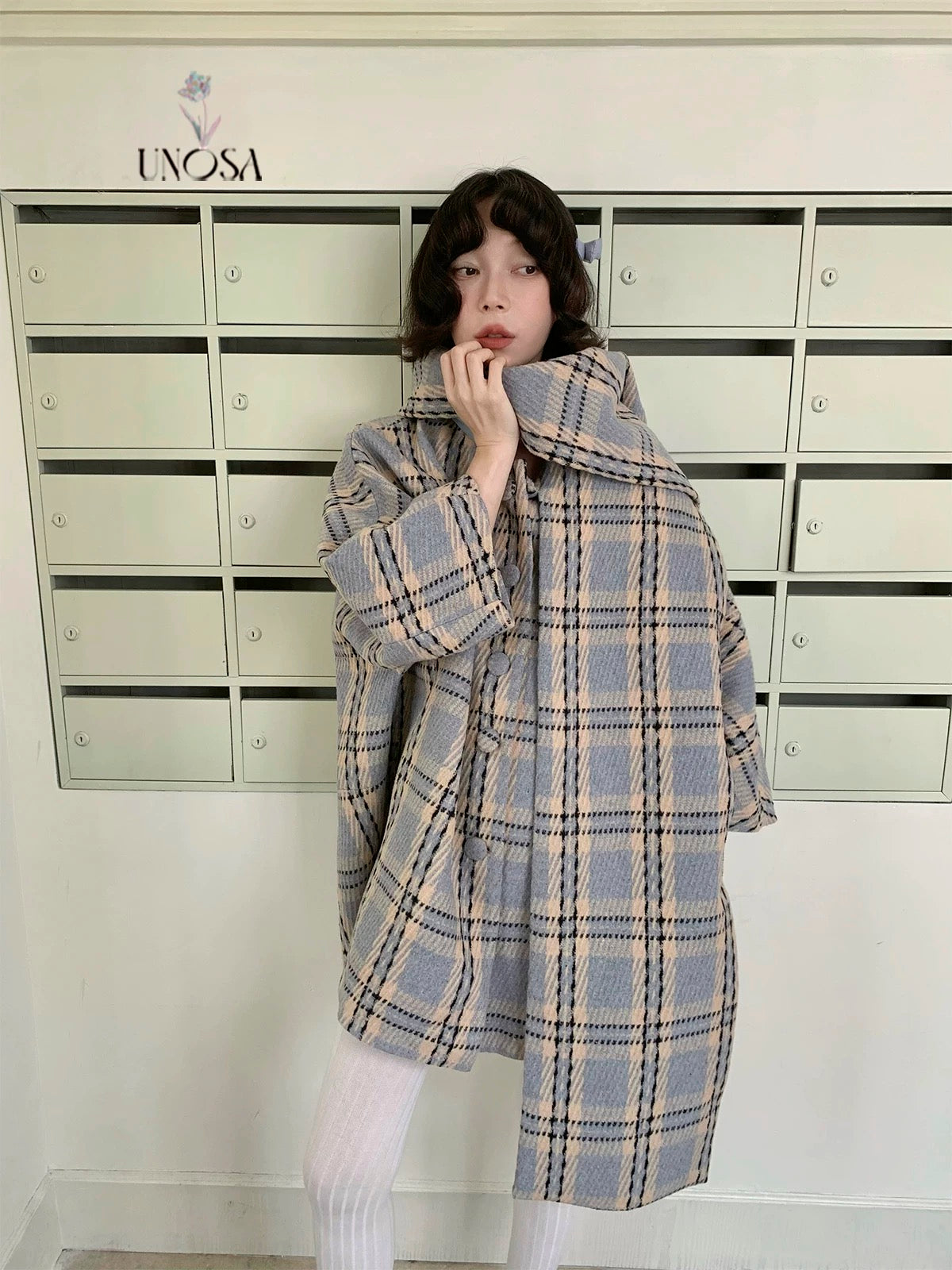 Get trendy with [UNOSA] British Girl Oversized Scarf Collar Plaid Coat - Coats & Jackets available at Peiliee Shop. Grab yours for $145 today!