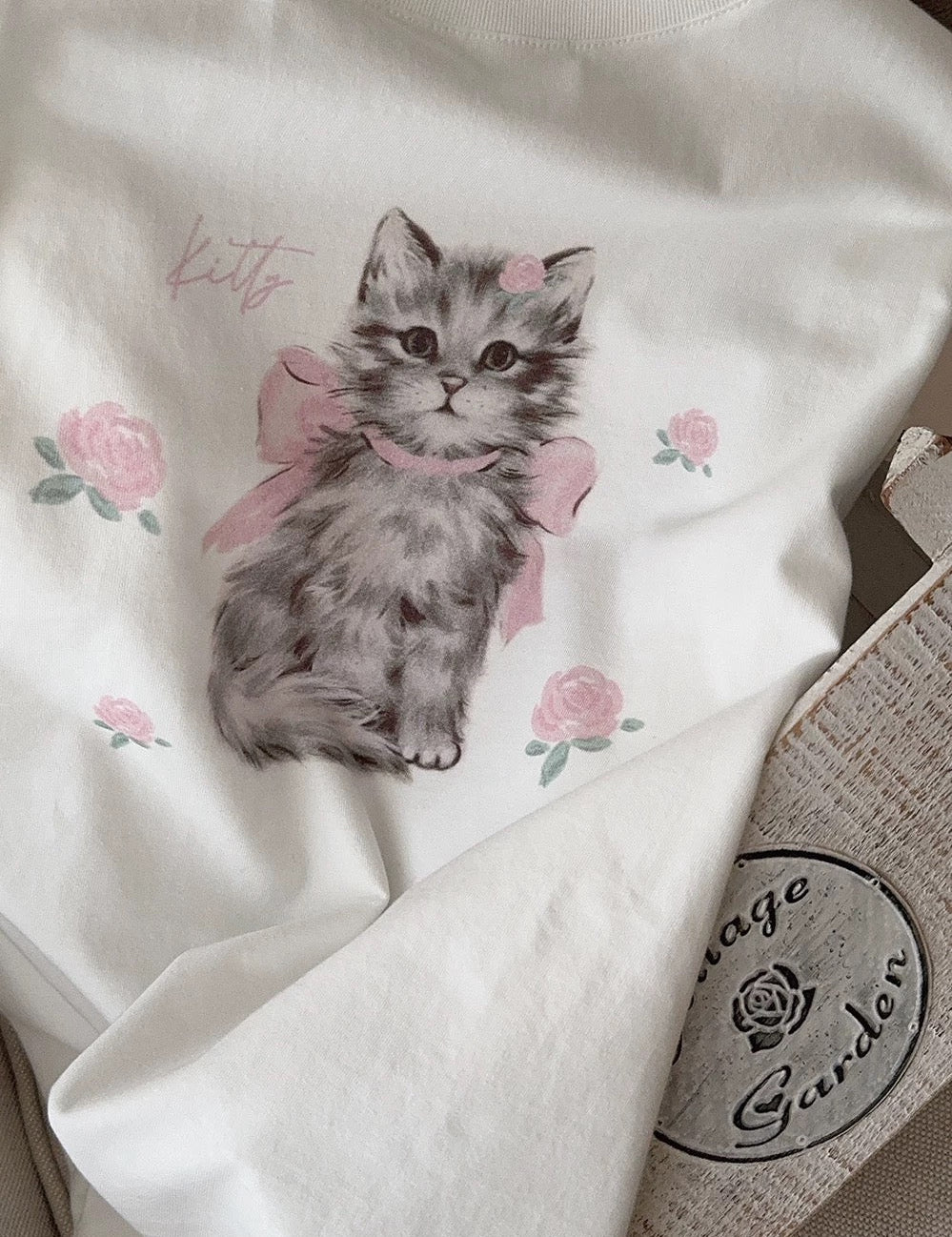 Get trendy with Rose Kitty Cotton T-shirt Top - Sweater available at Peiliee Shop. Grab yours for $16 today!