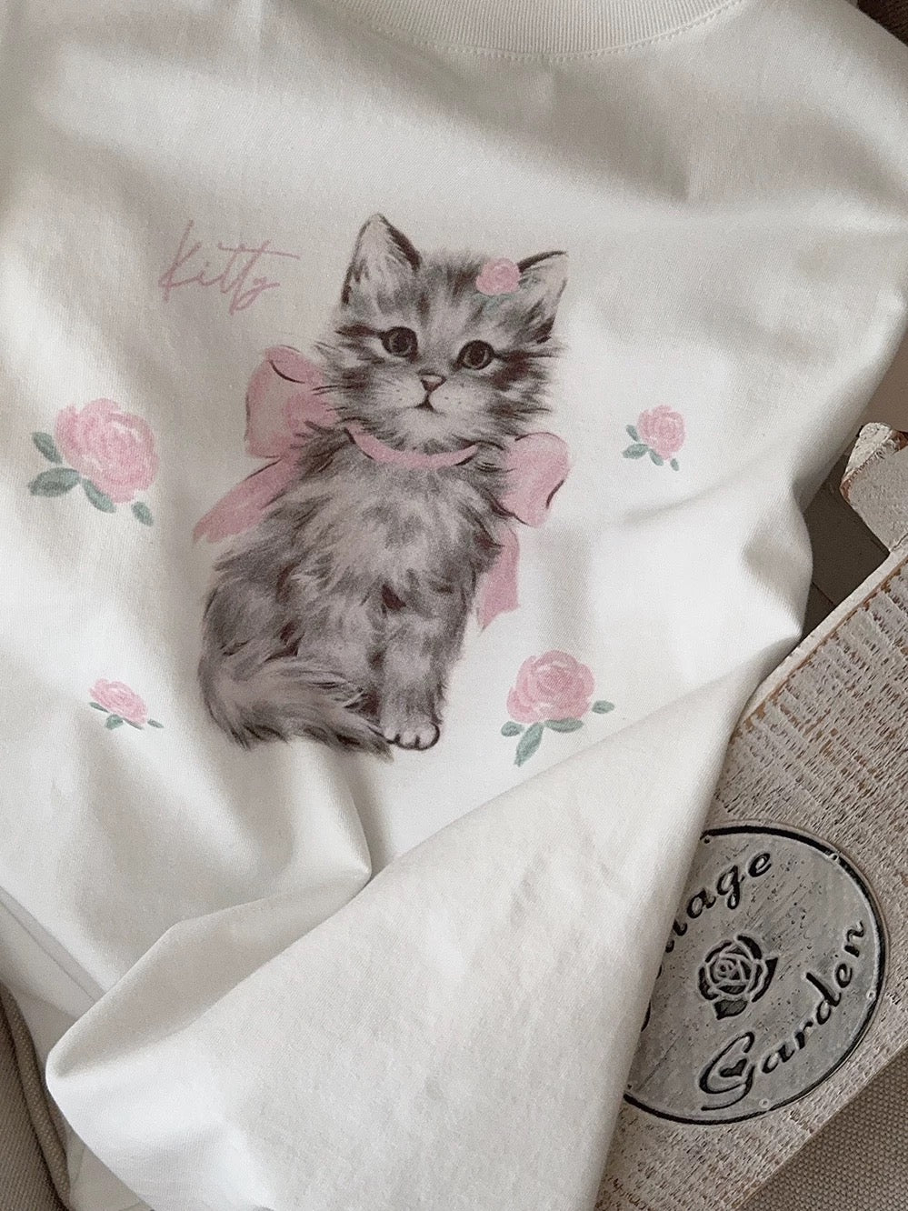 Get trendy with Rose Kitty Cotton T-shirt Top - Sweater available at Peiliee Shop. Grab yours for $16 today!