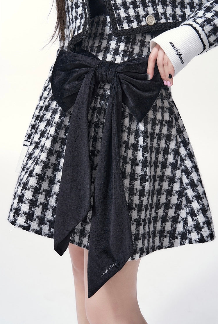 Get trendy with [Underpass] Monochrome Houndstooth Bowtie Jacket & Skirt Set -  available at Peiliee Shop. Grab yours for $69 today!