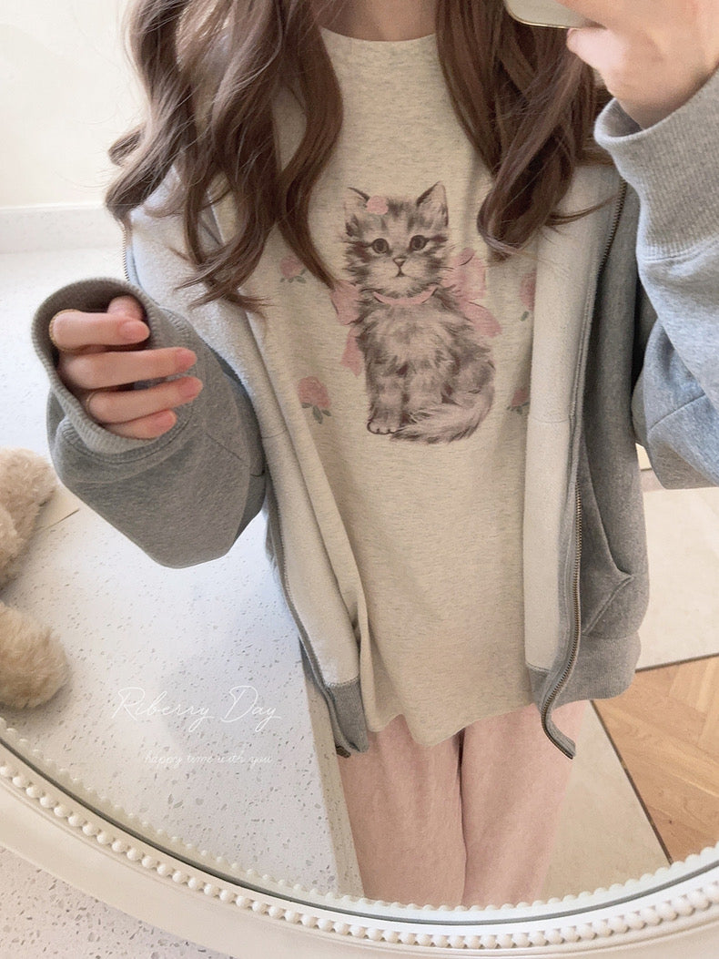 Get trendy with Rose Kitty Cotton T-shirt Top - Sweater available at Peiliee Shop. Grab yours for $16 today!