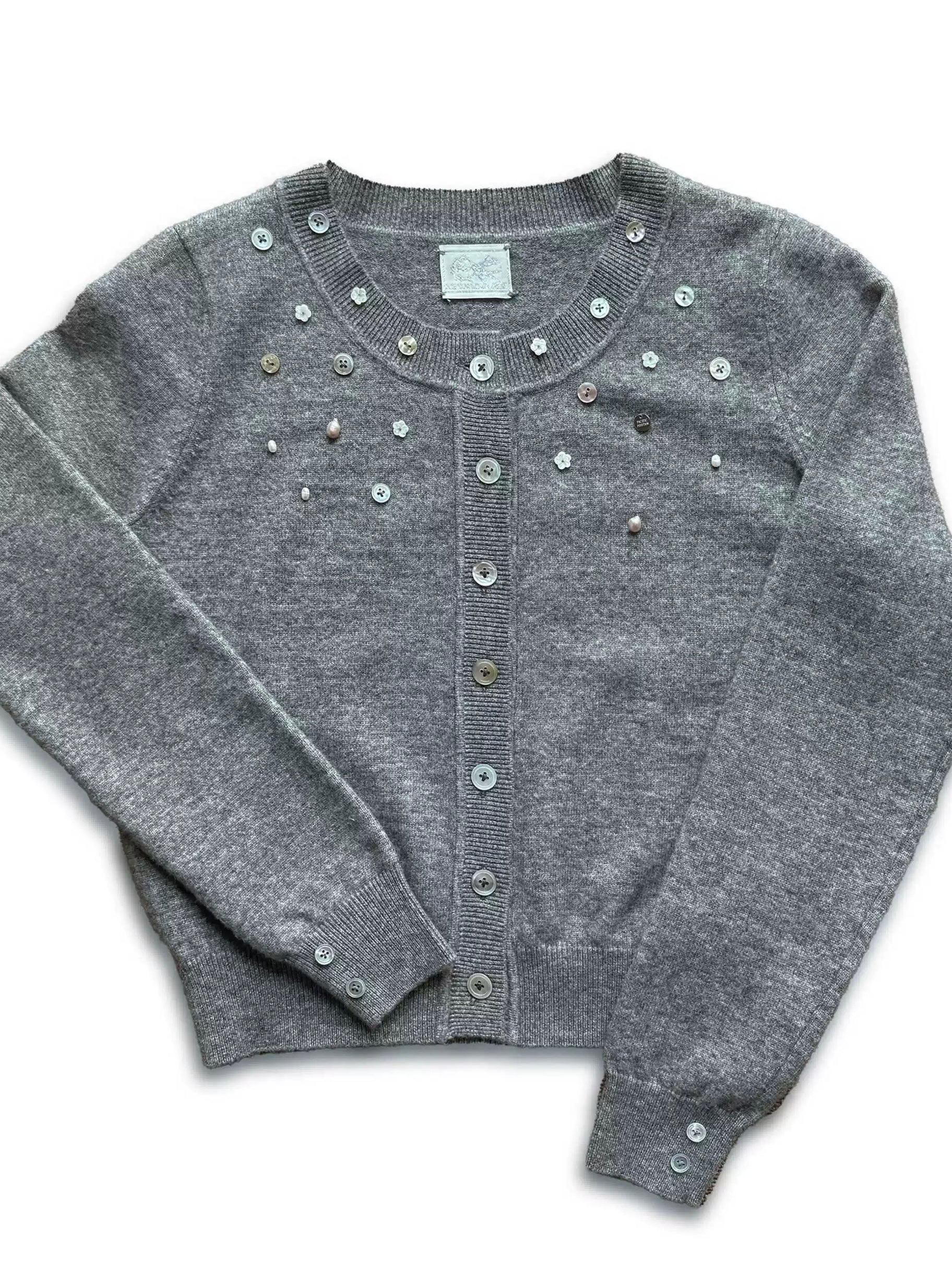 Get trendy with [Pacific Position] My Heart Is Full Of Dreams Grey Pearls and Cashmere Blend Cardigan Christmas - Cardigan available at Peiliee Shop. Grab yours for $58 today!