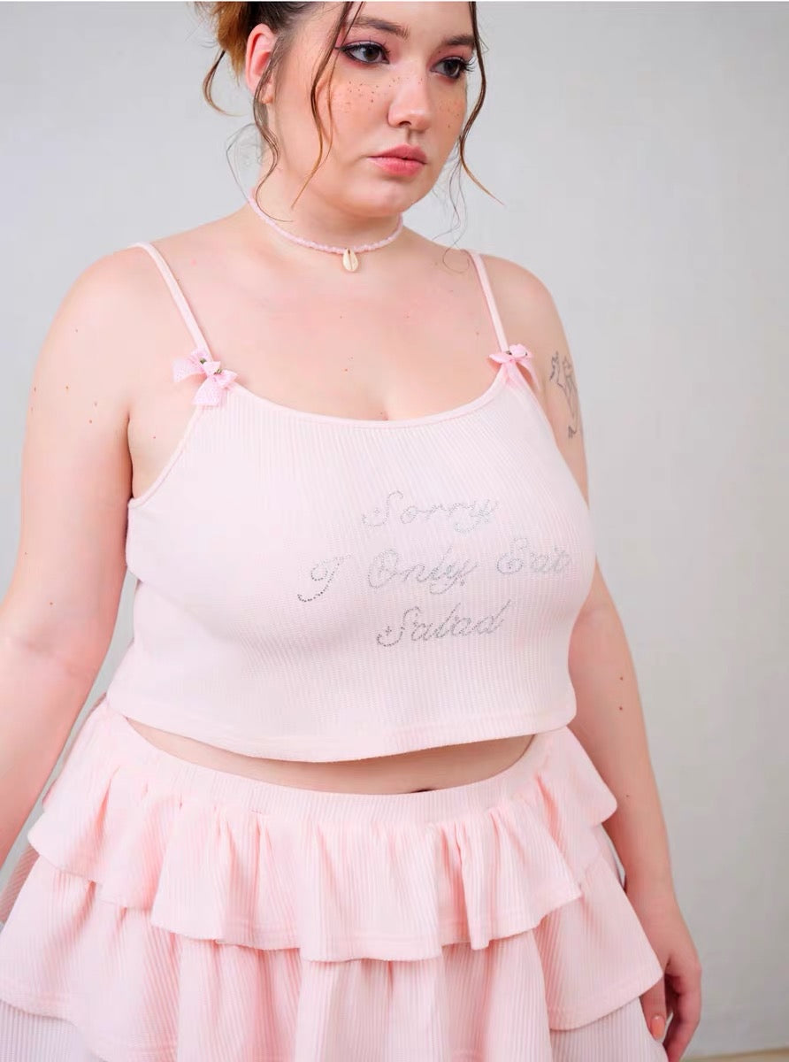 Get trendy with [Curve Beauty] Sorry I only eat salad soft pink sweet girl crop top and mini skirt set -  available at Peiliee Shop. Grab yours for $32 today!