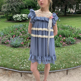 [Pre-order 15% At Checkout] UNOSA Butterfly Moon Blue Chiffon Lace Trim Dress