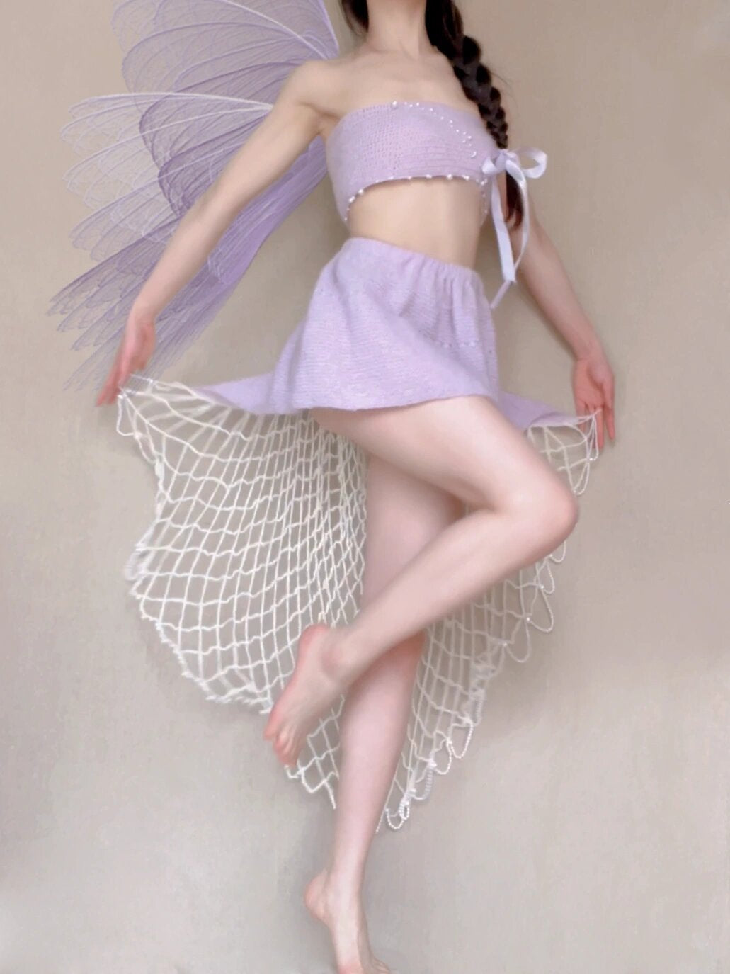 Get trendy with [Tailor Made] Lavender Dream Fairy Style Knitting Set with glass Pearl on bralette and skirt -  available at Peiliee Shop. Grab yours for $118 today!