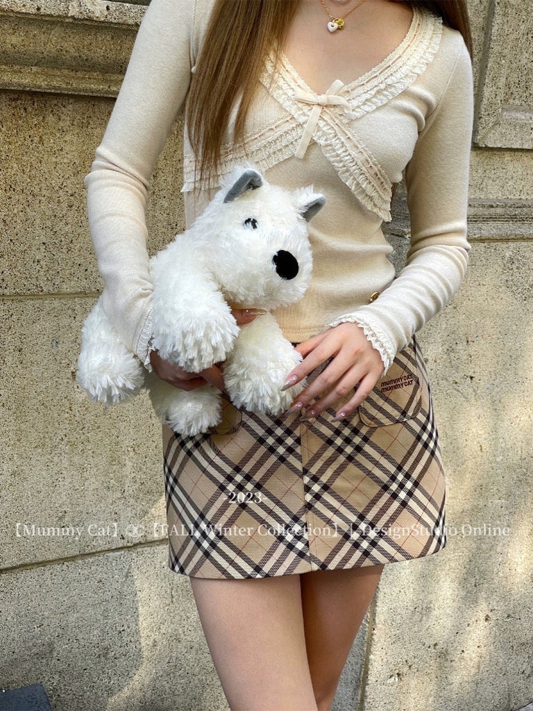 [Mummy Cat] Campus Return Brown Bear Plaid Mini Skirt - Premium  from Mummy Cat - Just $39! Shop now at Peiliee Shop