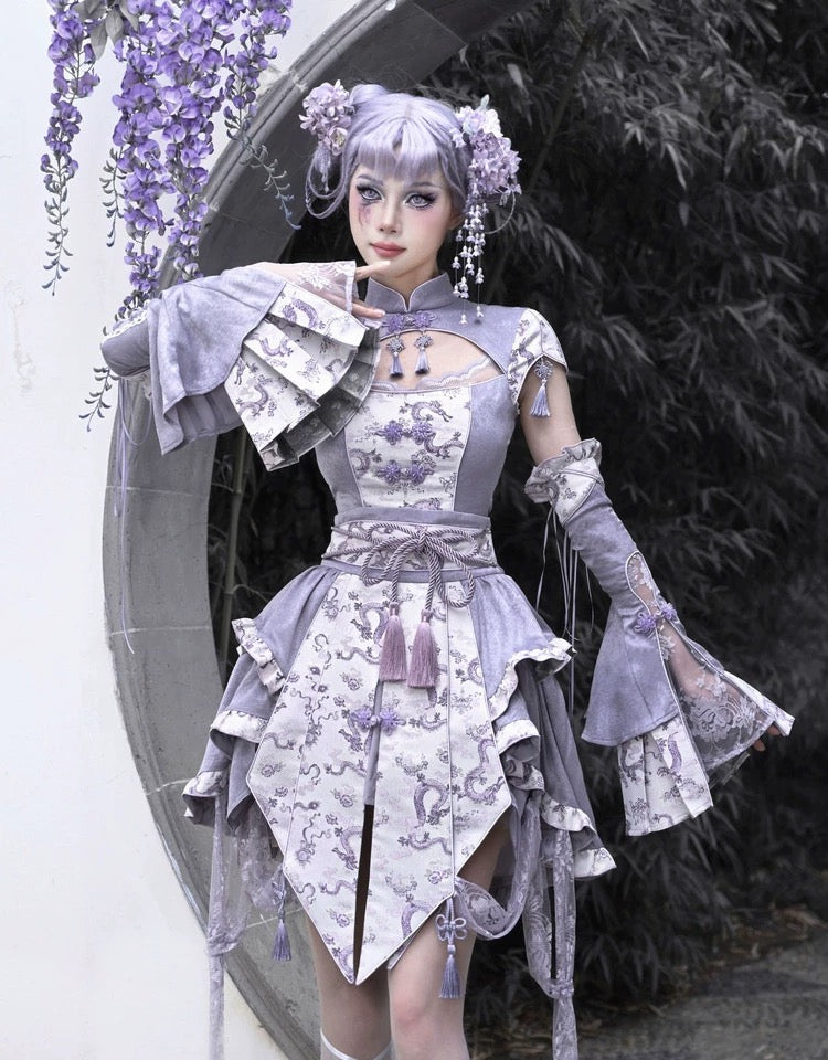 Get trendy with [Blood Supply] Dragon Wisteria Lolita Fashion Set Mini Skirt - Skirt available at Peiliee Shop. Grab yours for $59 today!