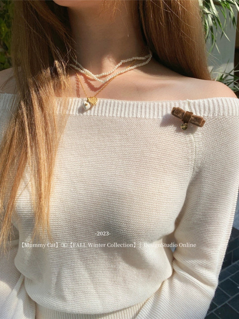 [Mummy Cat] Butterfly Bow Off-Shoulder Knit Sweater - Premium  from Mummy Cat - Just $50.50! Shop now at Peiliee Shop