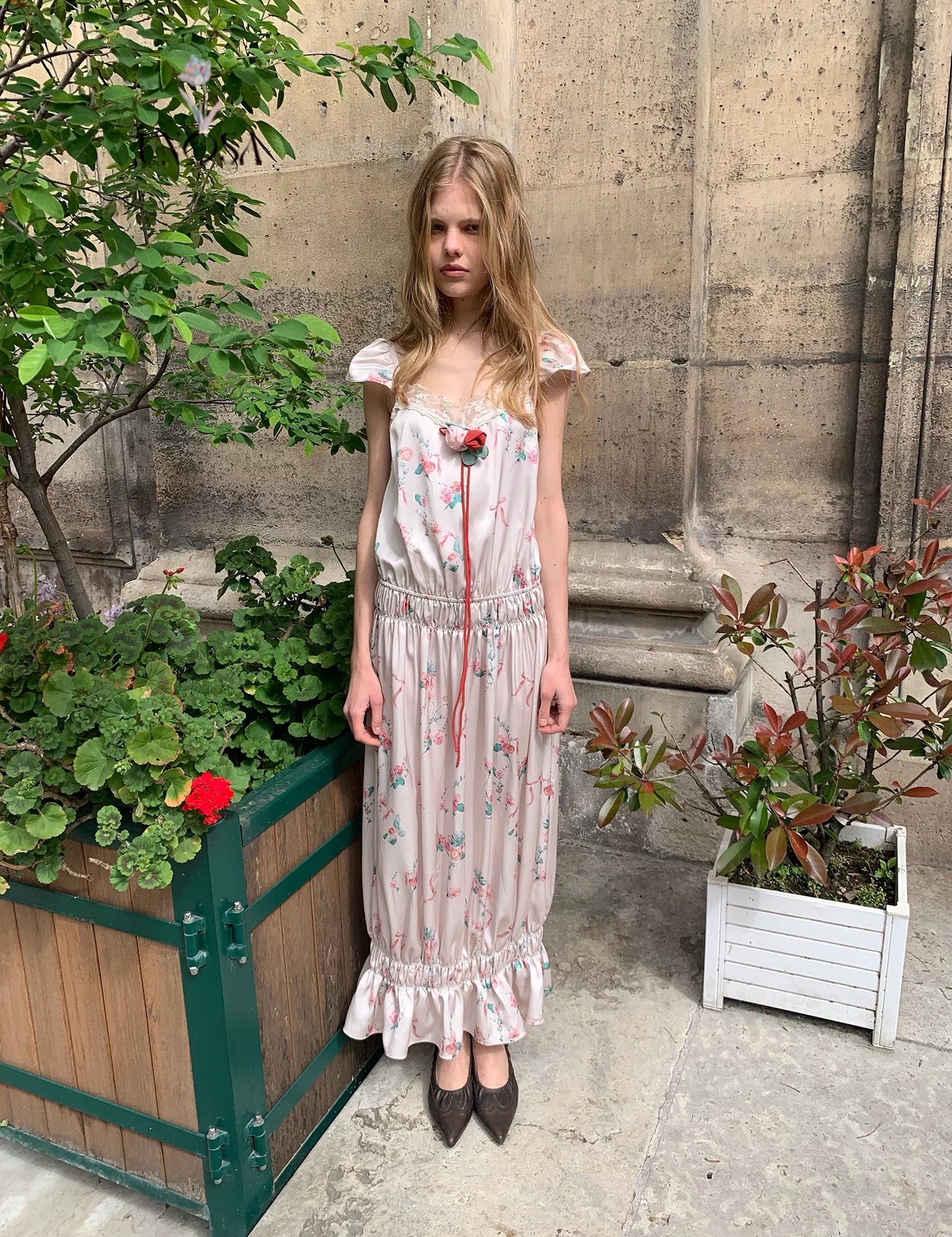 [Pre-order 15% At Checkout] UNOSA UNOSA Pink-Green Floral Ribbon Slip Dress