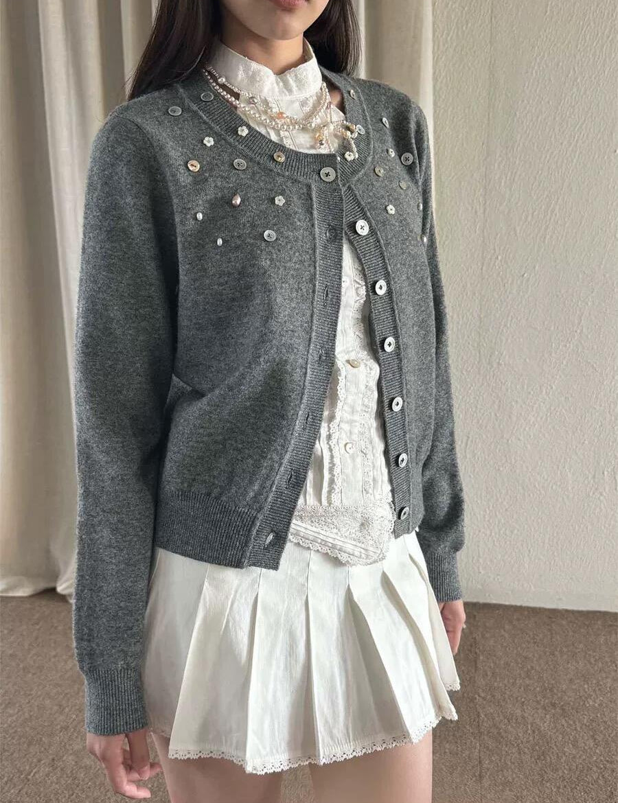 Get trendy with [Pacific Position] My Heart Is Full Of Dreams Grey Pearls and Cashmere Blend Cardigan Christmas - Cardigan available at Peiliee Shop. Grab yours for $58 today!