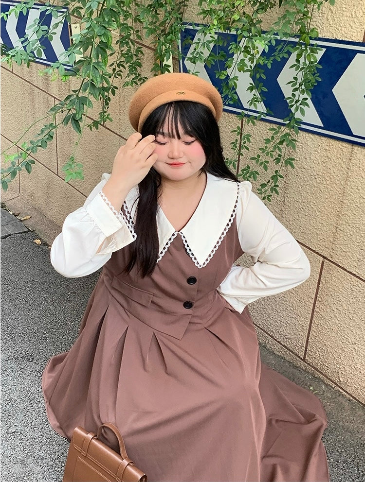 Get trendy with [Curve Beauty] Caramel Chestnut Collared Dress  (Plus Size 200 lbs) - Dresses available at Peiliee Shop. Grab yours for $39 today!