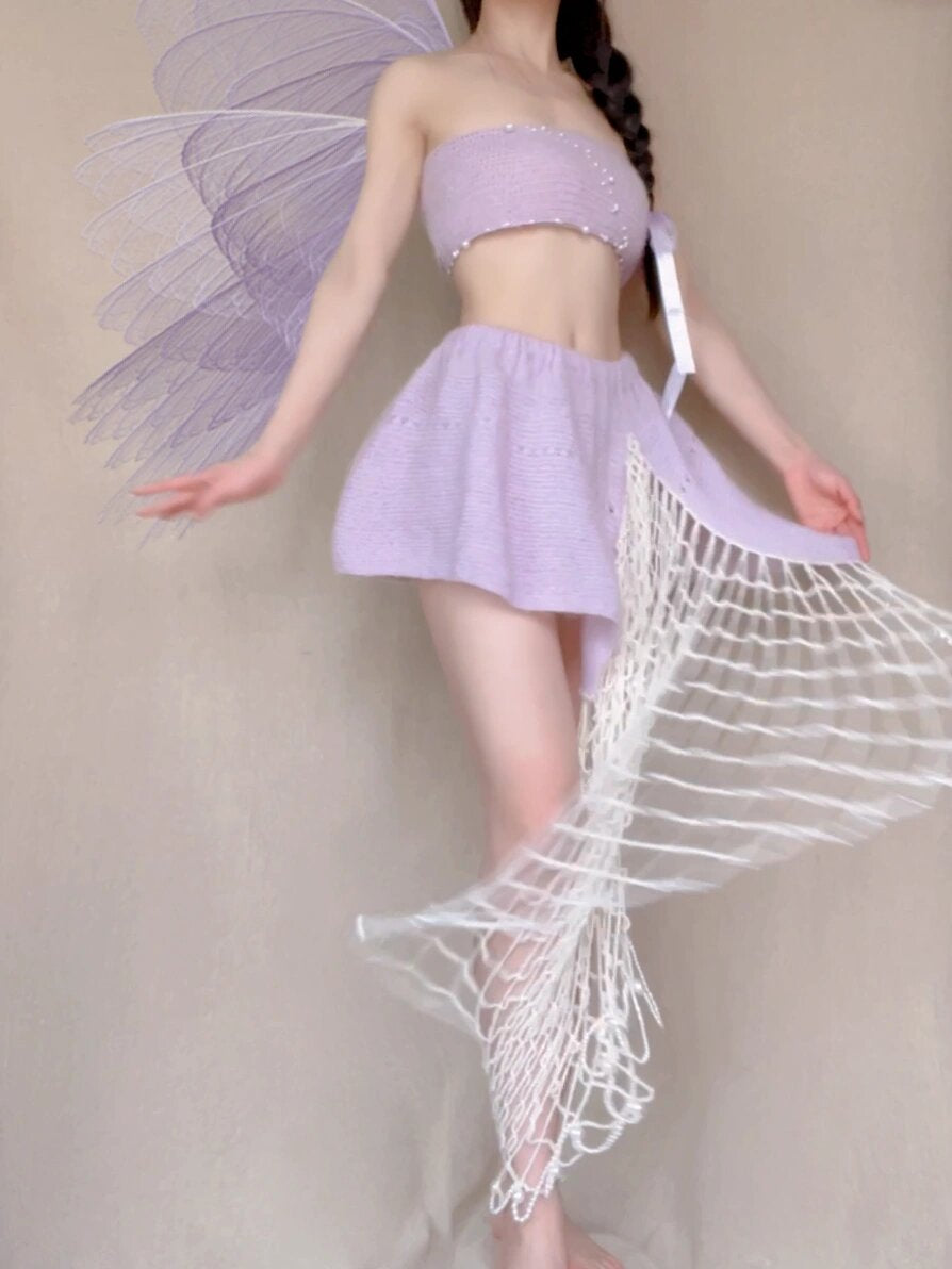 Get trendy with [Tailor Made] Lavender Dream Fairy Style Knitting Set with glass Pearl on bralette and skirt -  available at Peiliee Shop. Grab yours for $118 today!