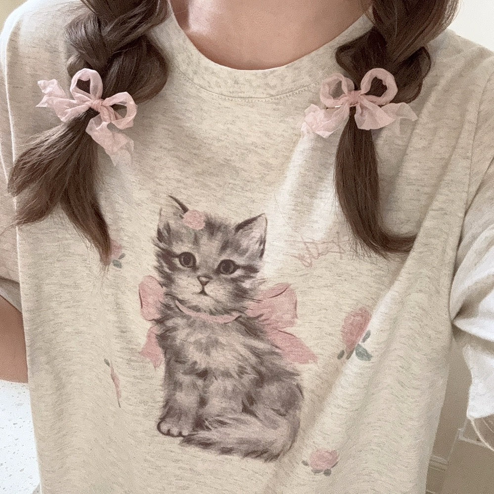 Get trendy with Rose Kitty Cotton T-shirt Top - Sweater available at Peiliee Shop. Grab yours for $16 today!