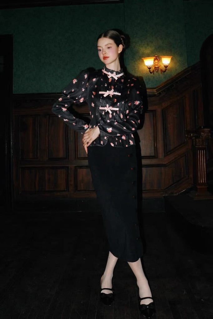 [UNOSA]Noir Velour Vintage Elegance Long Skirt - Premium  from UNOSA - Just $55! Shop now at Peiliee Shop