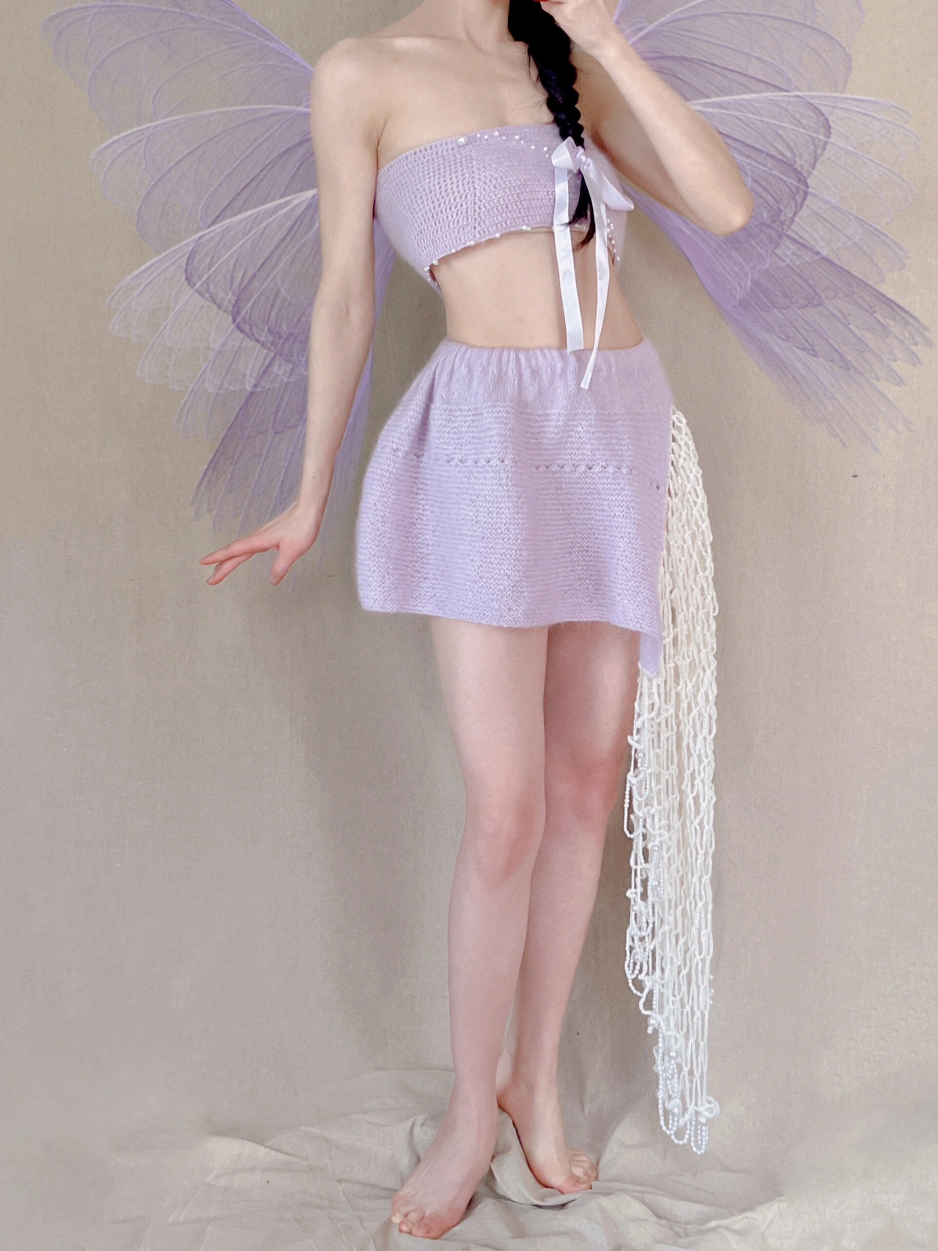 Get trendy with [Tailor Made] Lavender Dream Fairy Style Knitting Set with glass Pearl on bralette and skirt -  available at Peiliee Shop. Grab yours for $118 today!