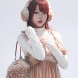 Rose Island Fairy Spirit Little Deer in flower field faux fur earmuffs ear warmer wear it on model with matching deer handbag styling