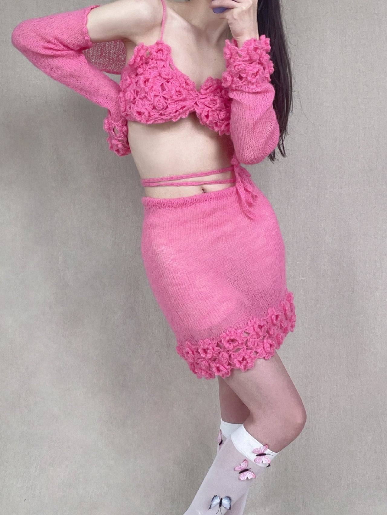 Get trendy with [Tailor Made] Raspberry Blush Hand Knitted Bikini Style Top Skirt Cardigan Set -  available at Peiliee Shop. Grab yours for $118 today!